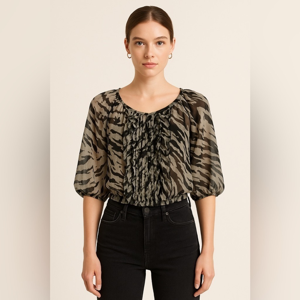 VTG Y2K Express Zebra Print Sheer Ruffle Blouse XS Grunge Goth Party Going Out